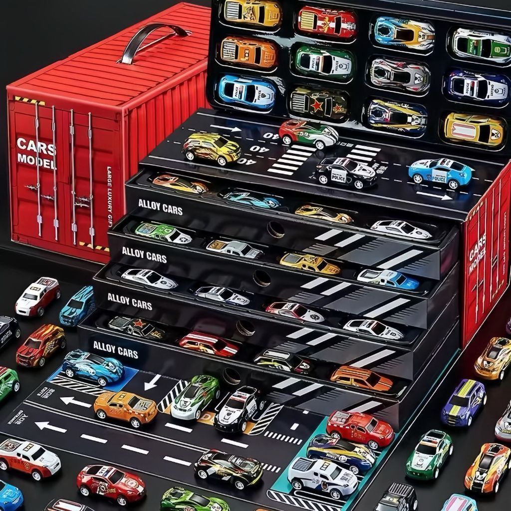 Brinquedo Kit 48 Carrinhos com Fricção de Lata Metálica Coloridos Caixa Container que Vira Pista Qualidade