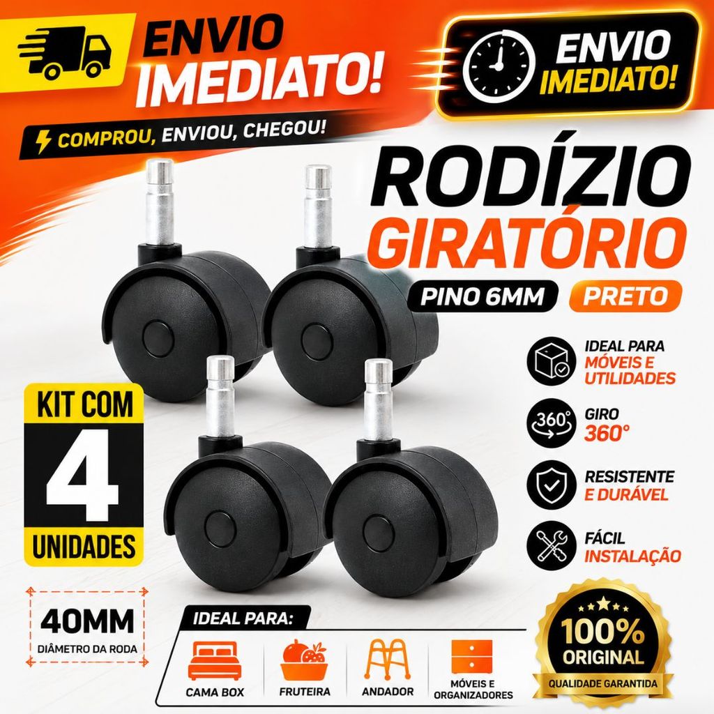 Rodinhas Rodizio Giratórias 40mm Pino 6mm Preto Fruteira Gaveteiro Mais Bucha De Meia