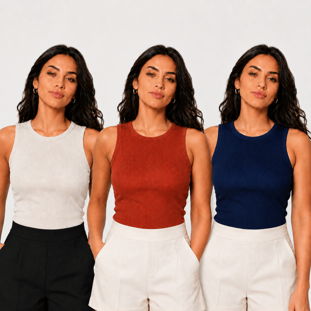 Kit 3 Regatas Femininas Ribana Canelada Básica com Elastano Confortável e Elegante