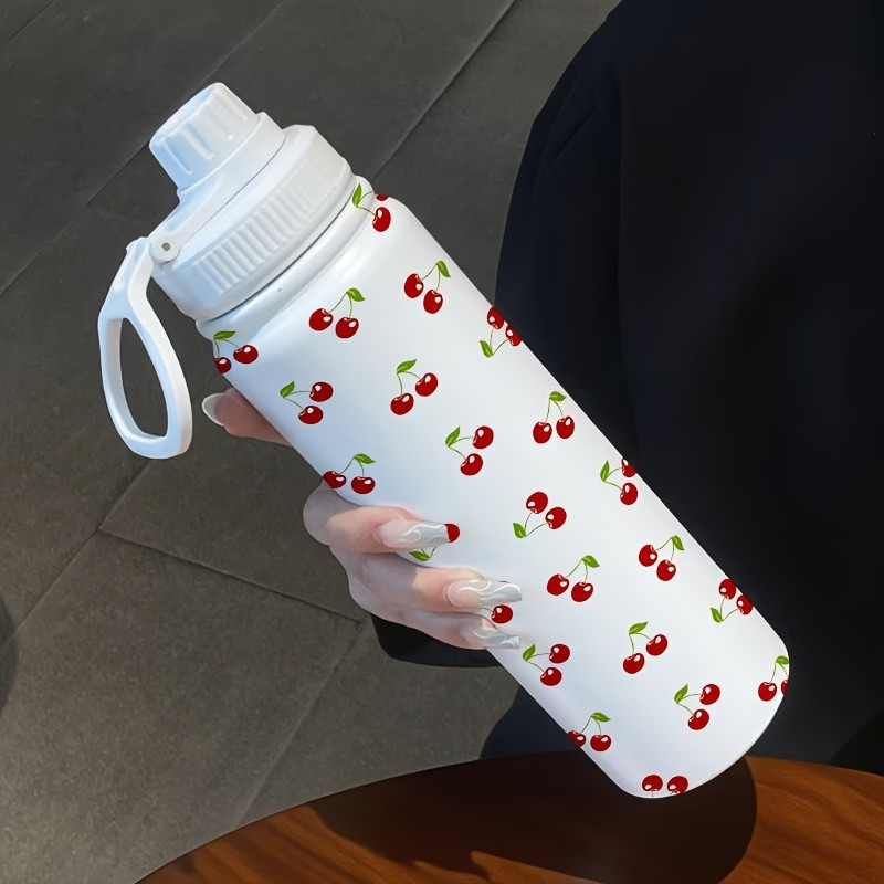Garrafa Térmica 800ml Aço Inox Mantém Quente e Frio Livre de BPA Estampa de cerejas vermelhas
