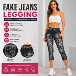 Calça Fake Jeans Legging Feminina Capri Estampada Cintura Alta Modeladora Confortável - Tamanho Unico