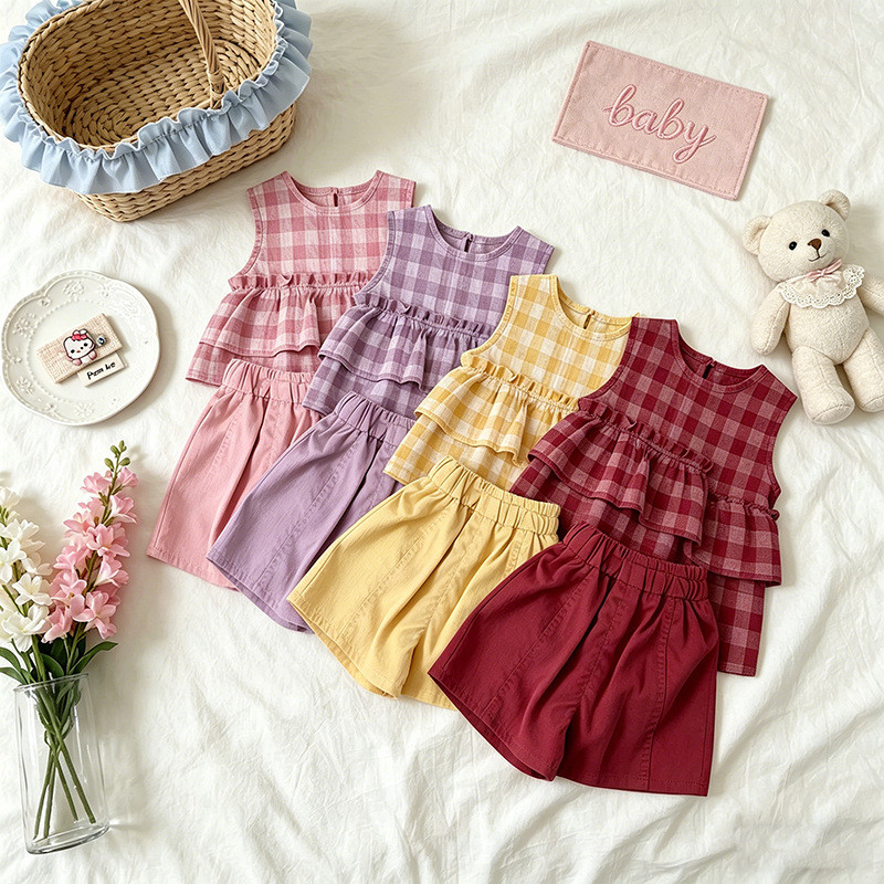 Meninas xadrez terno 2026 novo estilo versão coreana roupas infantis bebê menina moda sem mangas Shorts terno de du