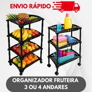 Fruteira 4 3 andares preta de chão multiuso com rodinhas cozinha lavanderia organizadora
