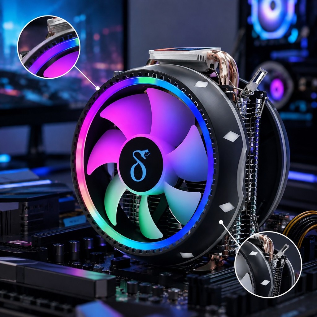 Cooler para Processador Intel AMD LED RGB 130W 2 Heat Pipes 2 Ventoinhas 115mm 2200RPM LGA1200 AM4 Aitek DELTA-C2213