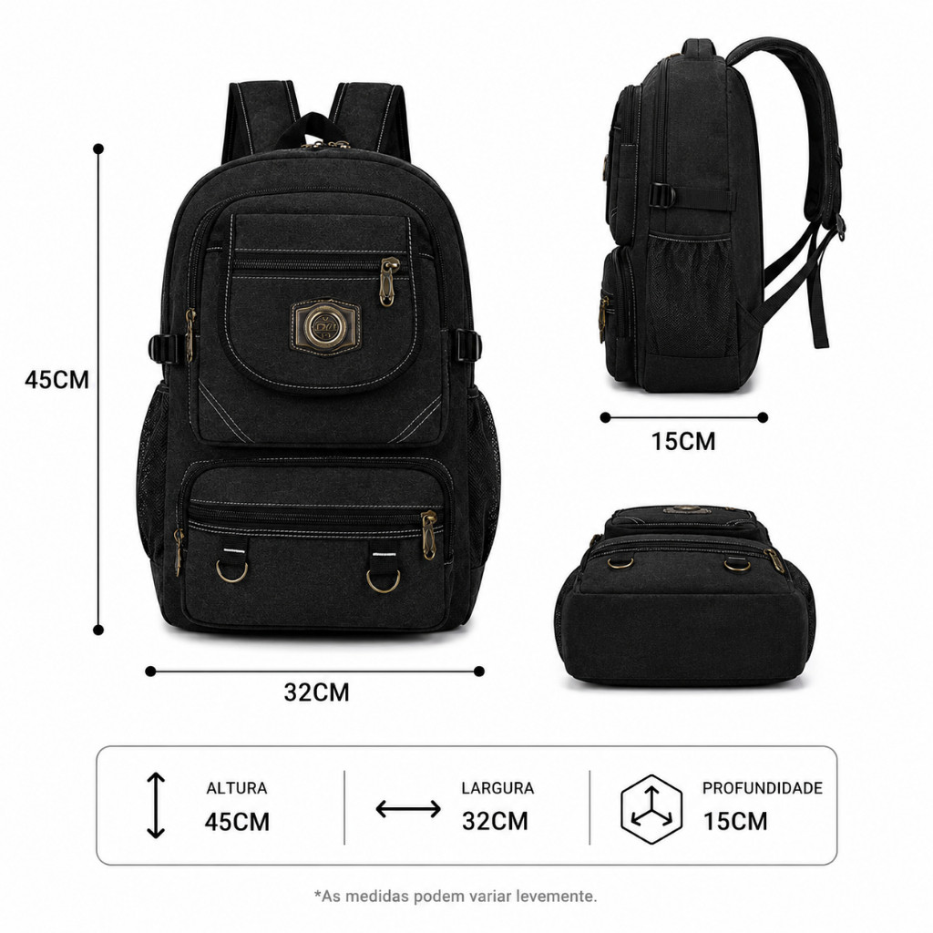 Mochila De Lona Casual Multifuncional Preta 45L Alto Qualidade — imagem 2 de 2