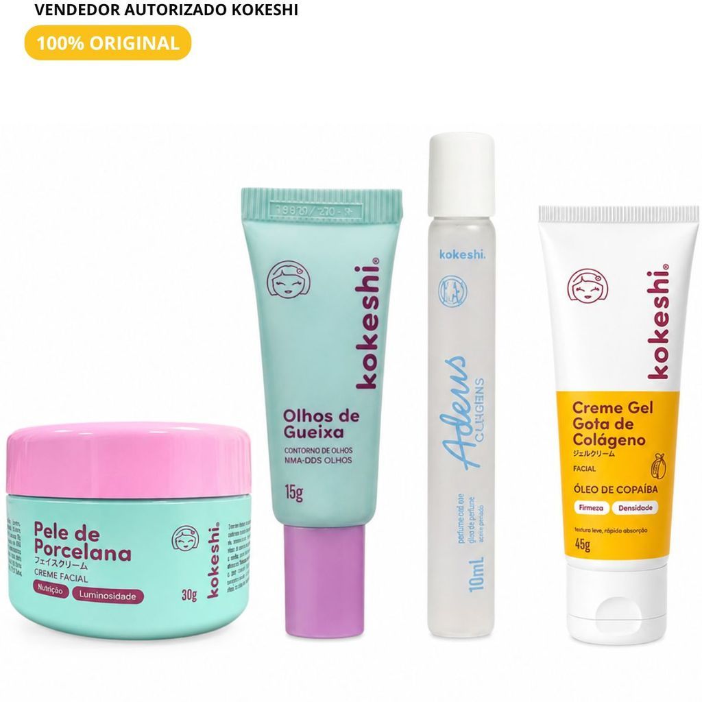 Kit Glow Kokeshi Colágeno Anti-Olheiras | Gota de Colágeno + Olhos de Gueixa + Sérum Roll-On + Pele de Porcelana
