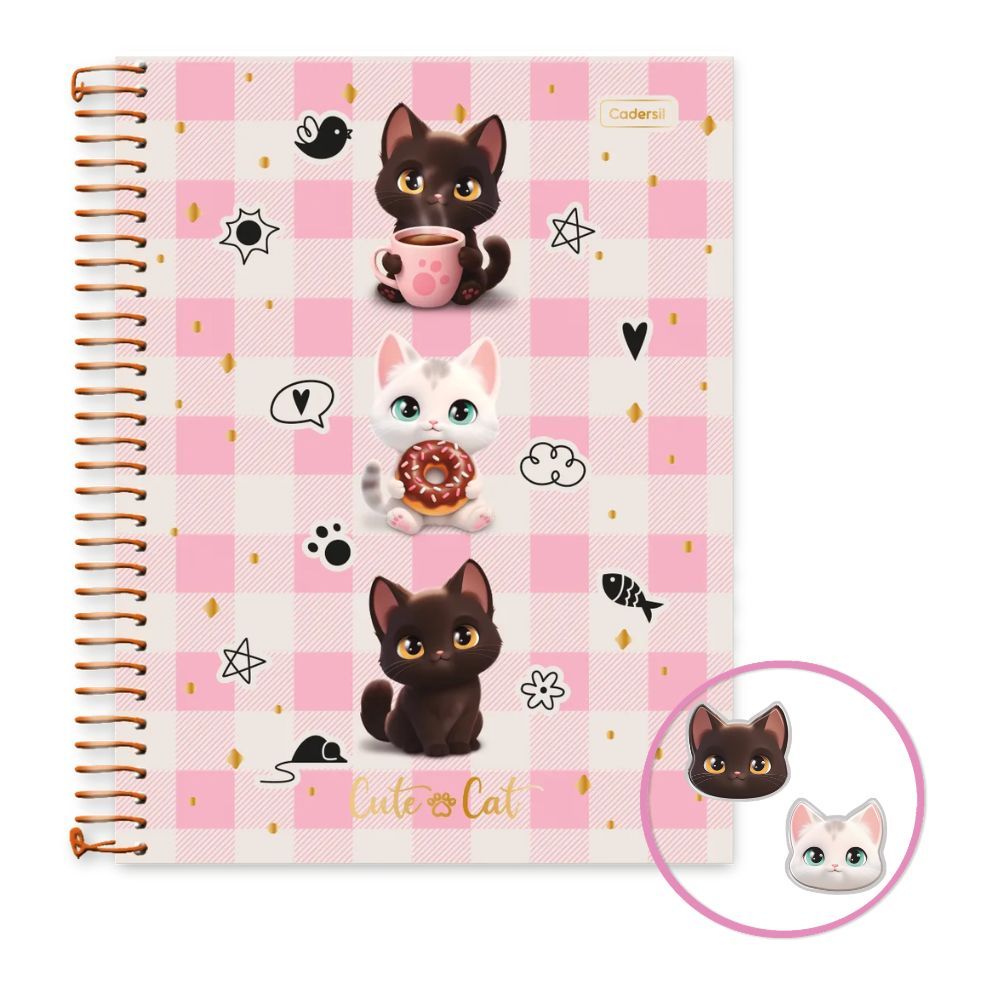 Caderno Colegial Espiralado Cadersil Cute Cat Capa Dura Com Pin 80 folhas