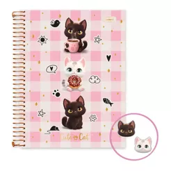 Caderno Colegial Espiralado Cadersil Cute Cat Capa Dura Com Pin 80 folhas