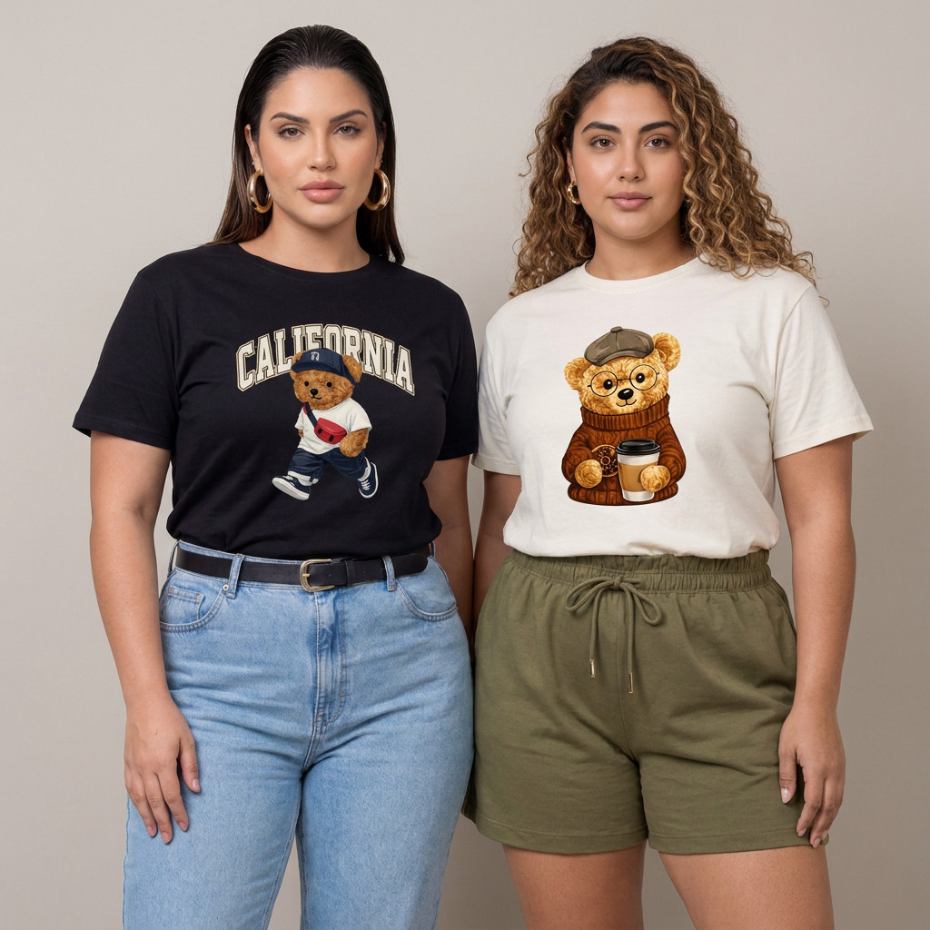 Kit 2 Camisetas Plus Size Feminina Ursinho Blusinha Estampada 100% Algodão Tendencia Estilosa