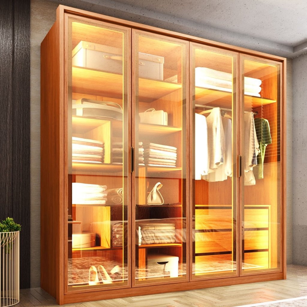 Guarda Roupa 4 Portas Reflecta com LED 3 Gavetas 100% MDF Freijó New Reflex Yescasa Marrom 180
