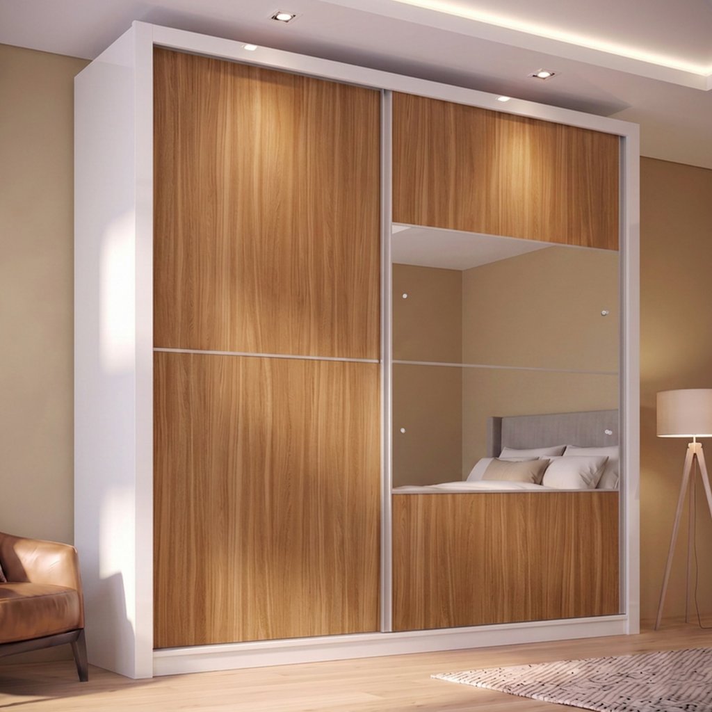 Guarda Roupa Casal com Espelho 100% MDF 2 Portas de Correr 4 Gavetas London Prime Yescasa Branco/Amêndola