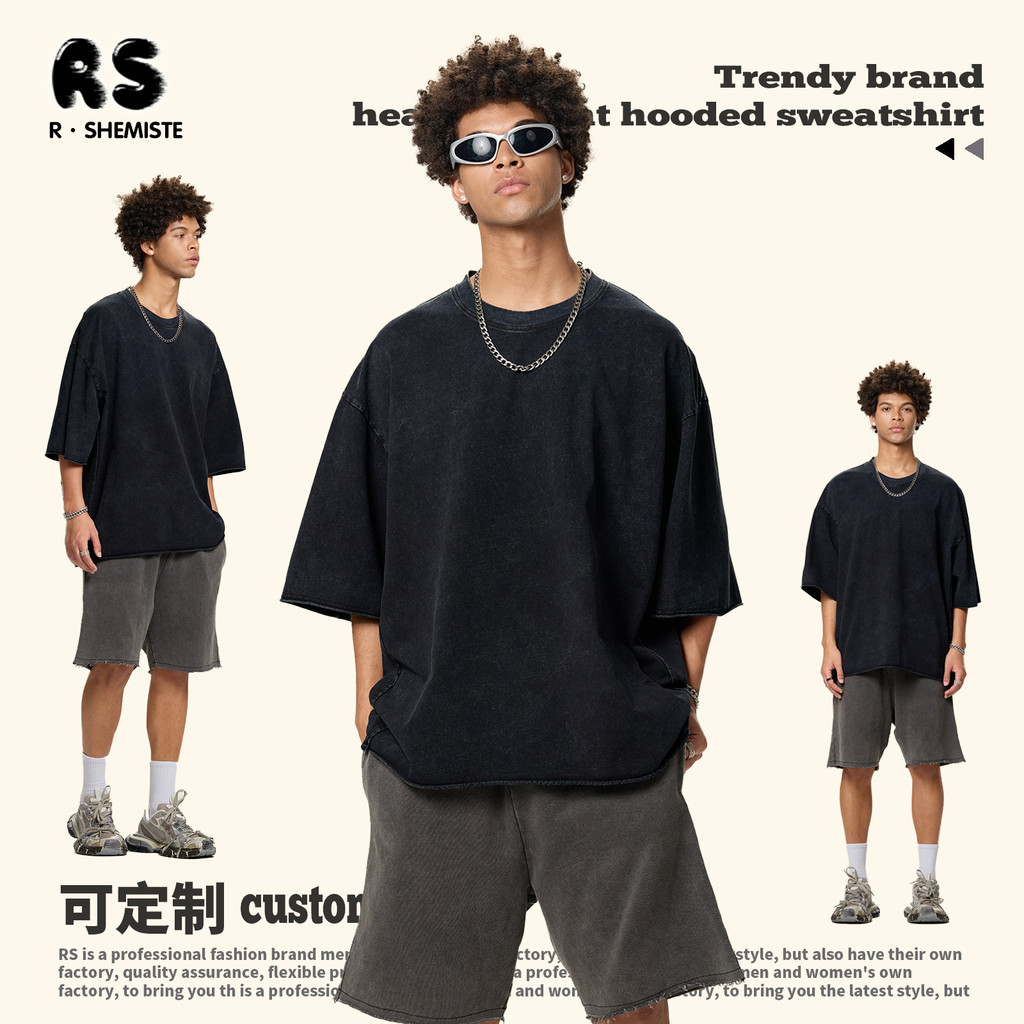 Roupas masculinas em estoque pronto versão Boxy lavagem de cera floco de neve frito desgastado de manga curta 260G algod
