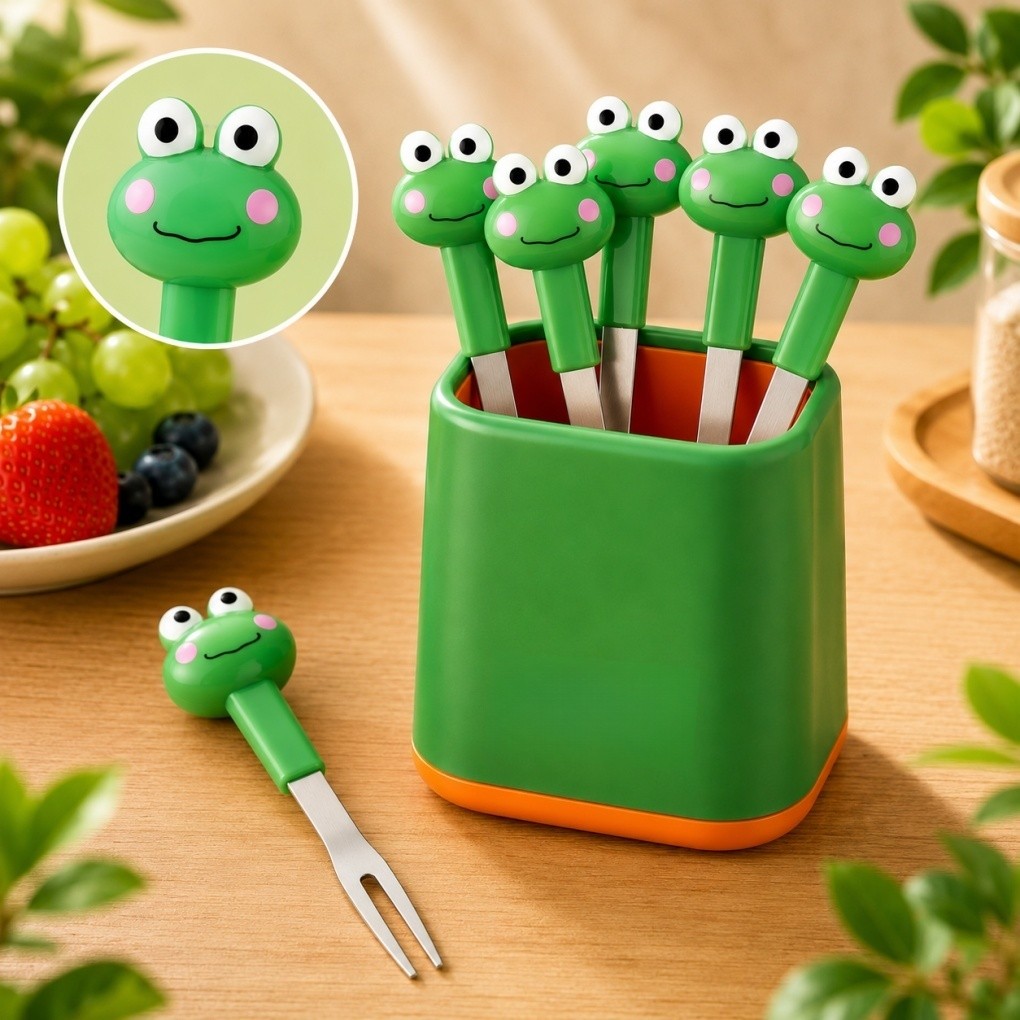 Kit 6 Garfinhos Sapinho em Aço Inox | Mini Garfo para Frutas, Petiscos, Sobremesas, Queijos e Aperitivos | Divertido