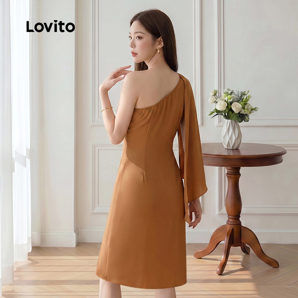 Lovito Elegante Vestido Feminino de Ombro Frio com Alças Largas Linha de Estrutura Laranja Queimado primavera/verão DRB201P1D541 · foto 2