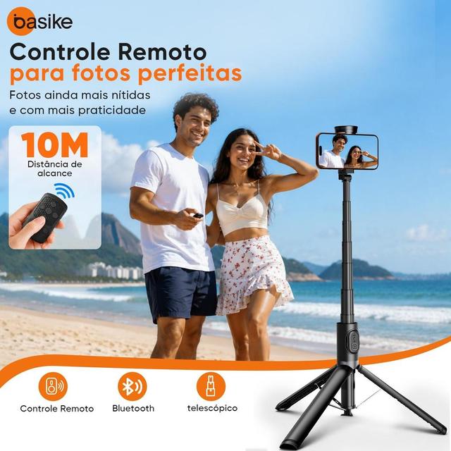 Basike Tripé Selfie Pop‑Up 170cm Controle Remoto Bluetooth, Rotação 360°, Suporte Portátil Compatível com Todos