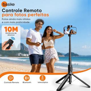 Basike Tripé Selfie Pop‑Up 170cm Controle Remoto Bluetooth, Rotação 360°, Suporte Portátil Compatível com Todos