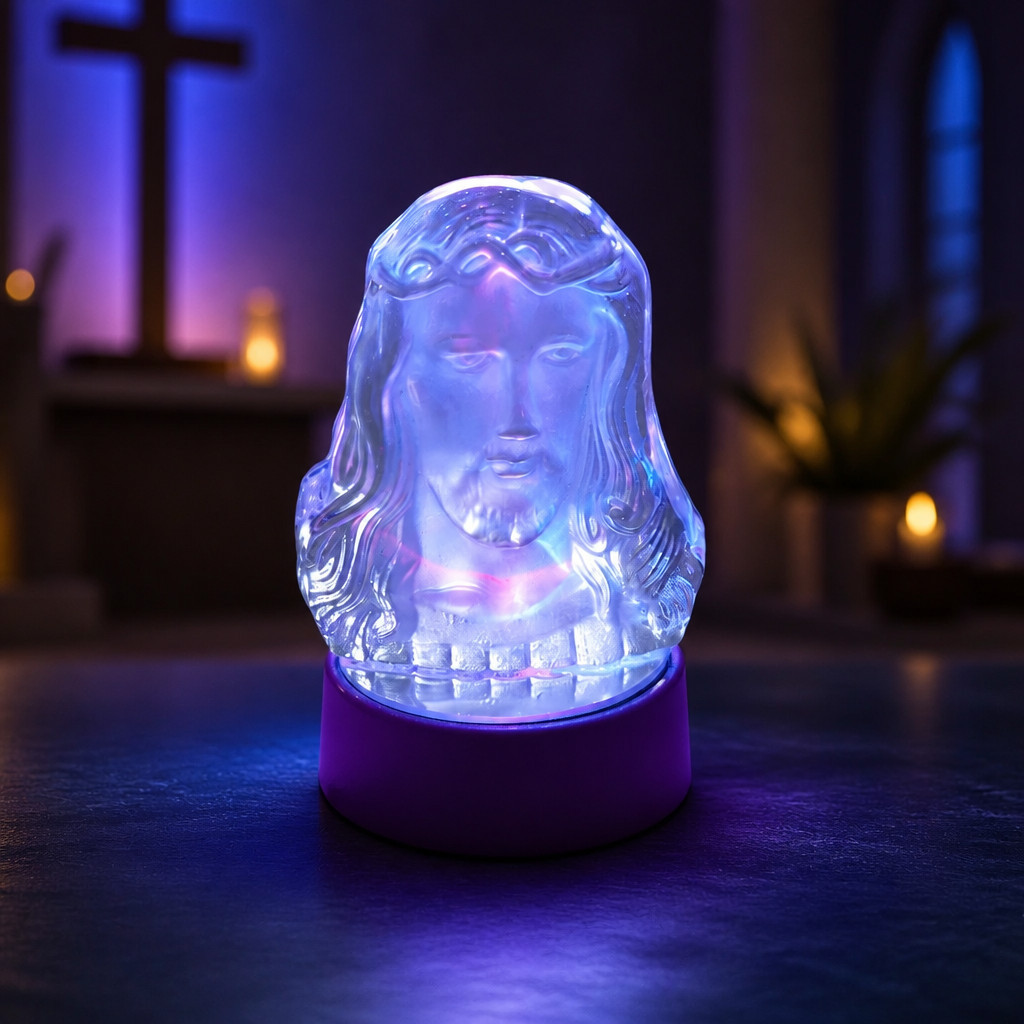 Luminária Religiosa LED FACE Cristo Jesus Cristal Base Luz Colorida Decoração Católico Abajur Mesa Presente Católico