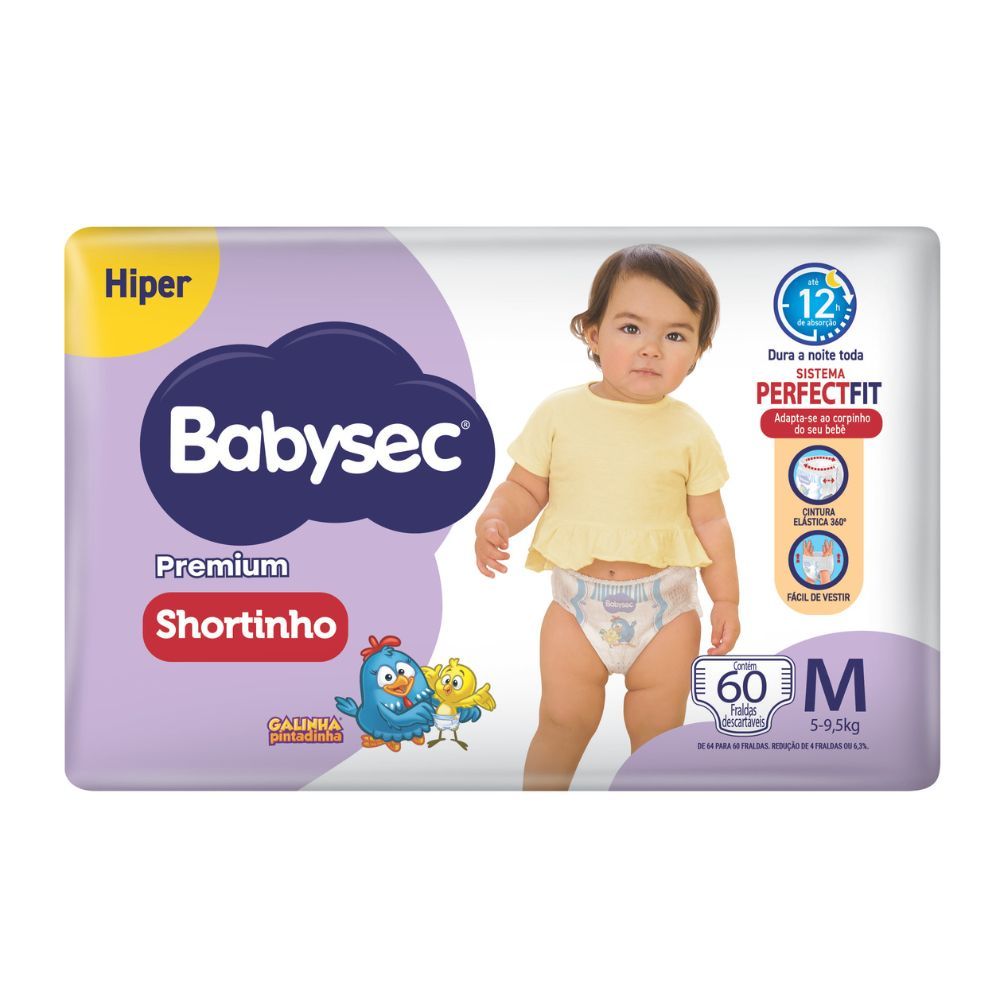 Fralda Shortinho Babysec Premium Tamanho M com 60 Fraldas Descartáveis