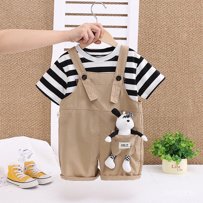 Novo Verão Da Criança Infantil Conjuntos De Roupas Do Bebê Meninos Tiras Camiseta Macacão Shorts 2 Pçs/Set Crianças Cava