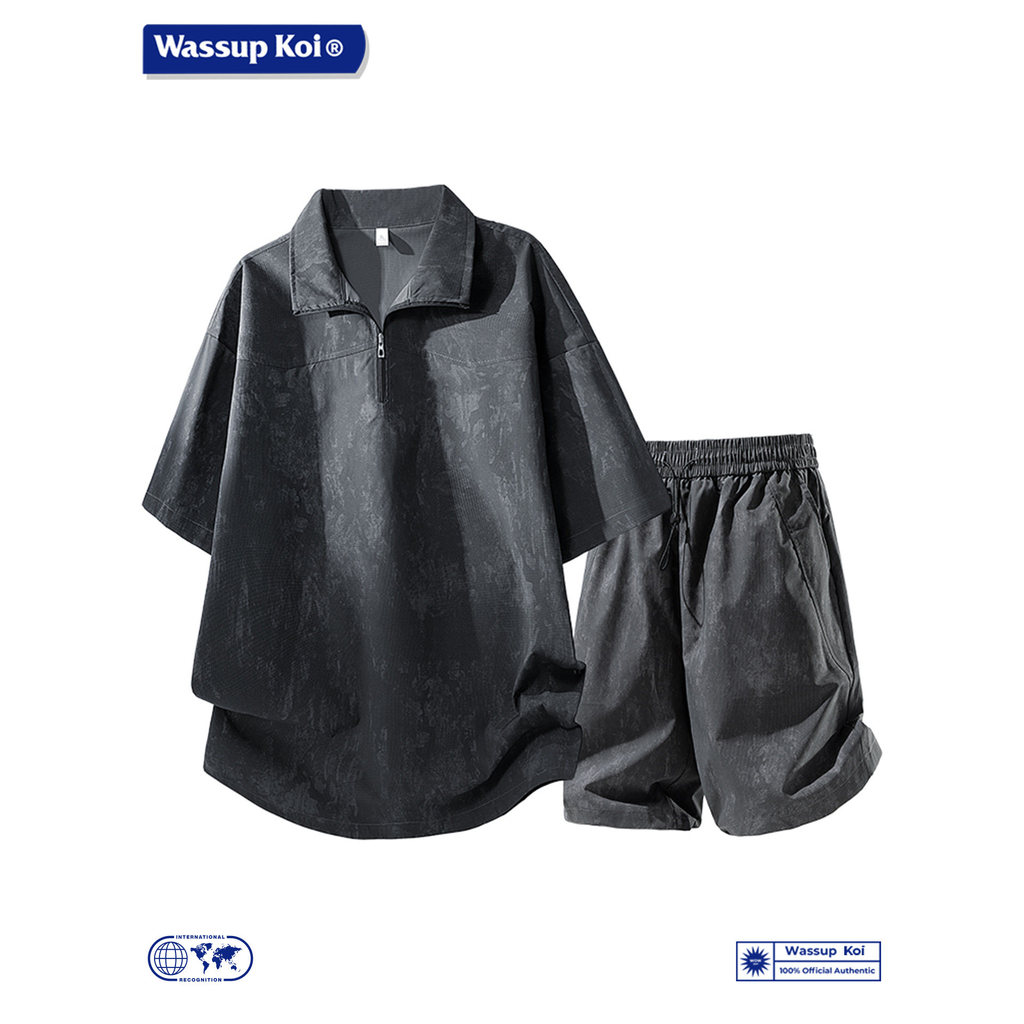 WASSUP KOI Tie-Dye Meio Zíper Shorts de Manga Curta Terno Masculino Verão Juventude Lazer Esportes Terno de Duas Peças