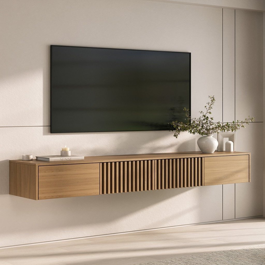 Rack Suspenso Ripado para TV até 75 Polegadas Planejado 210cm Aruá CabeCasa MadeiraOriginals Marrom Jatobá Jatoba