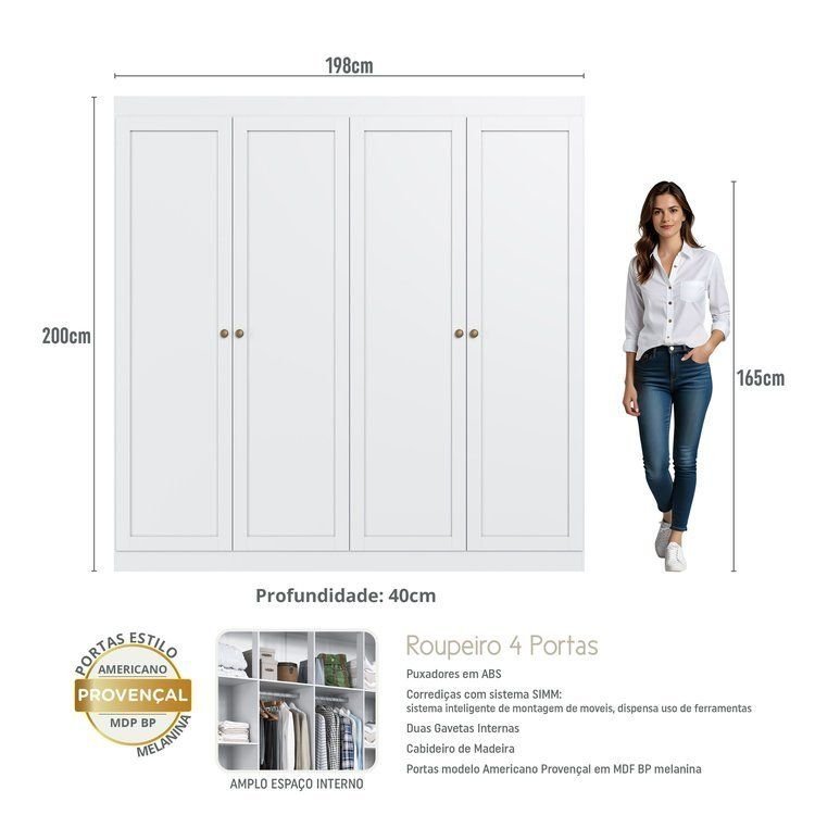 Guarda-Roupa Casal Americano 4 Portas 2 Gavetas Europa Yescasa Branco Branco · foto 2