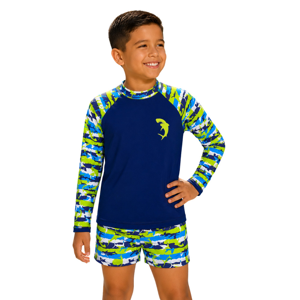 Conjunto Infantil Sunga+Camisa Proteção Solar Estampas Personagem Roblox Dinossauro Surf Tubarão