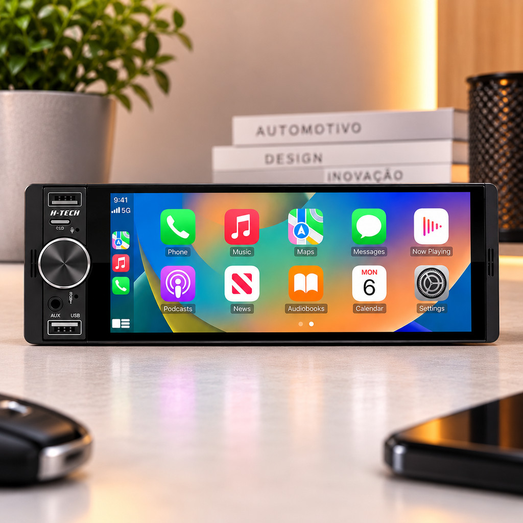 Central Multimídia MP5 1DIN 6,2” IPS CarPlay Android Auto Sem Fio HT2662CA Tela De Vidro Bluetooth Universal