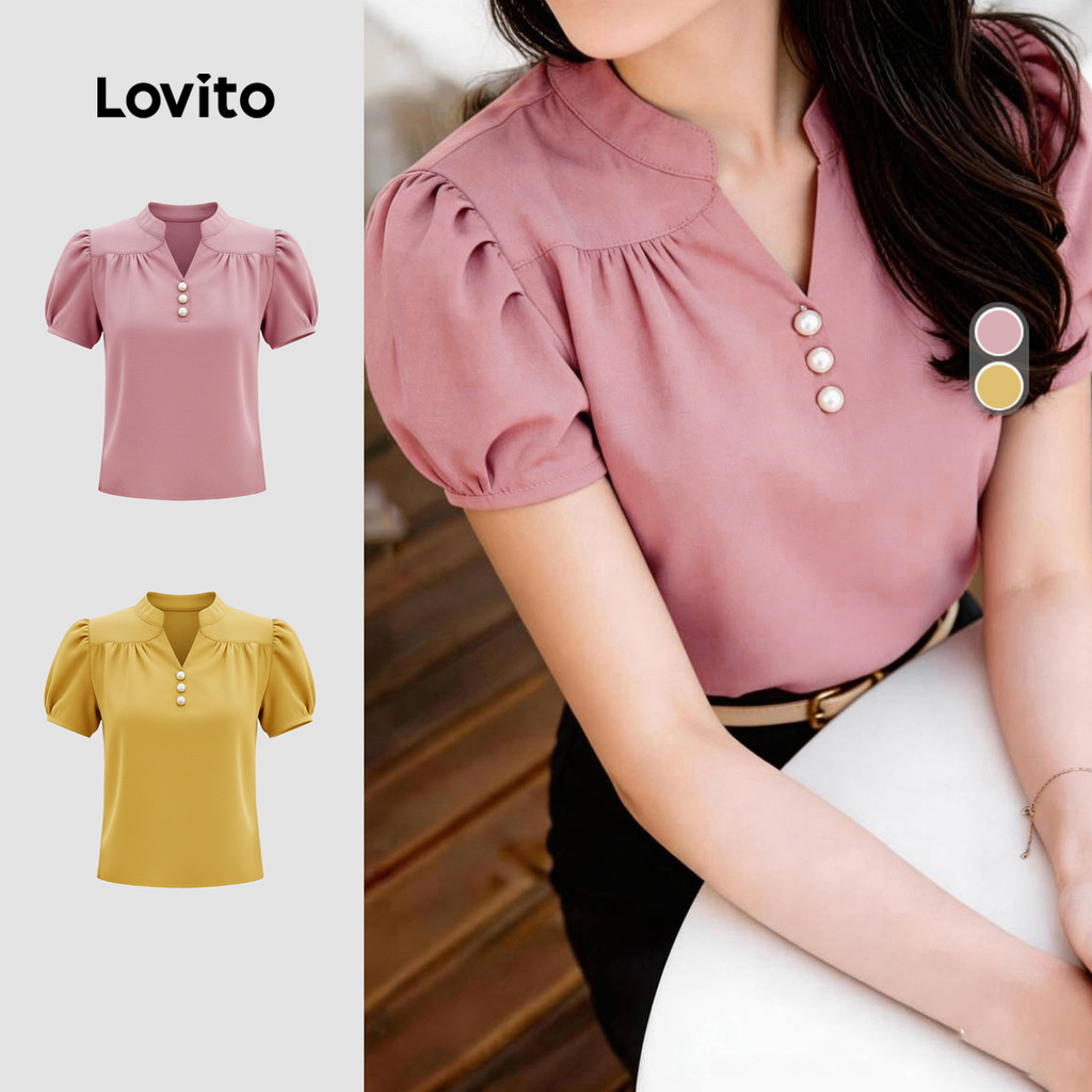 Lovito Elegante Blusa Plissada Primavera/verão Blusa Rosa para Mulheres LK5ED456