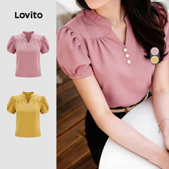 Lovito Elegante Blusa Plissada Primavera/verão Blusa Rosa para Mulheres LK5ED456