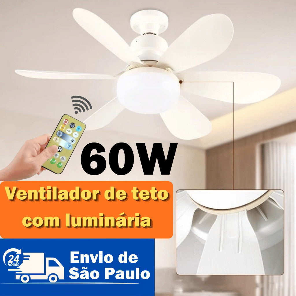 60W Ventilador Teto Luminária Motor Brushless 3 Cores Luz 35dB Silencioso Controle Remoto