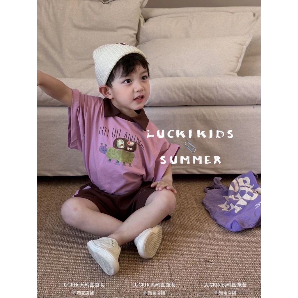 LUCKI crianças coreano Premium roupas infantis meninos médio pequeno crianças verão manga curta gola polo camiseta conju