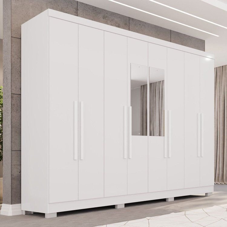 Guarda-Roupa Casal com Espelho 8 Portas 4 Gavetas com Pés França Espresso Móveis Branco Branco