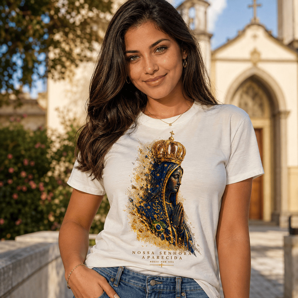 Camiseta Nossa Senhora Aparecida Rogai Por Nós Padroeira do Brasil Feminina — imagem 2 de 2