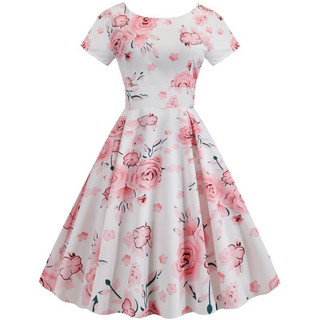 Retro flor impressão vestido de comprimento médio feminino manga curta elegante vestido de festa