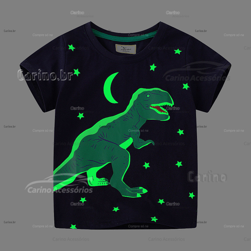 Camiseta infantil de verão de manga curta, estilo masculino, com estampa de dinossauro que brilha no escuro, roupa casua