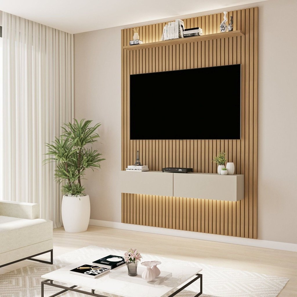 Painel Frisado para TV até 50 Polegadas com LED 218cm x 134cm Marrom Cinamomo/Off White Curitiba 134
