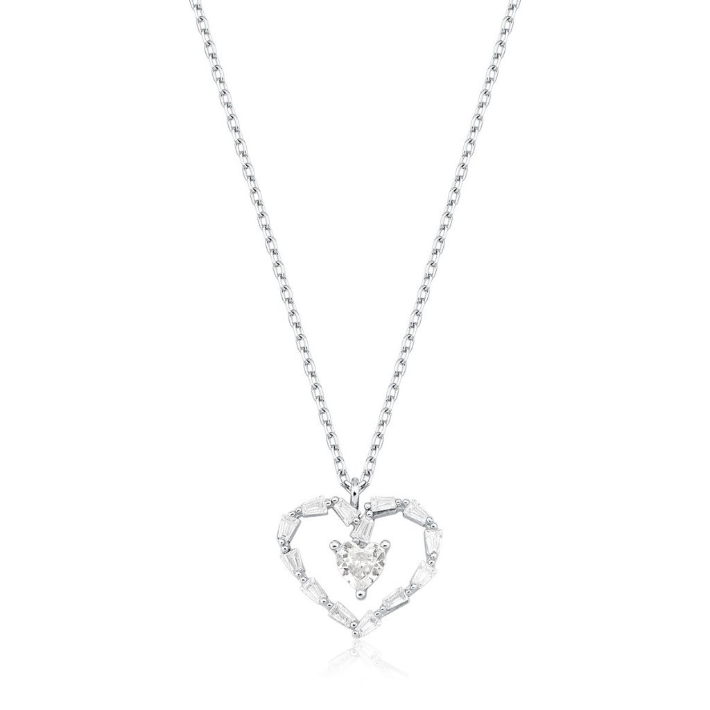 Colar Feminino de Prata 925 Coração Vazado e com Zircônias