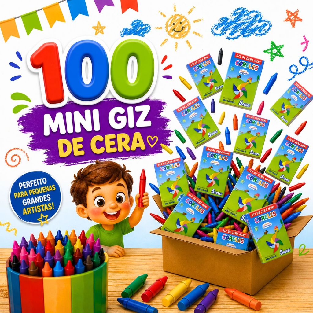 Kit 100 Cxs Giz De Cera Mini Lembrancinha Brindes 05 Cores Prenda Atividades Personalizar Atacado