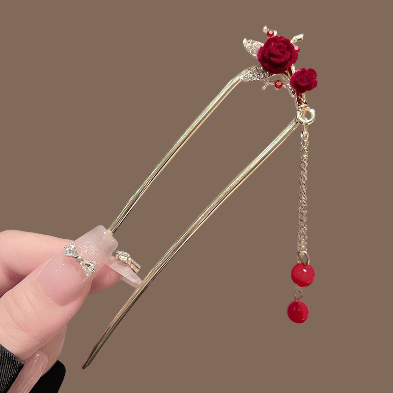 Novo estilo chinês borla vermelha em forma de U hairpin feminino outono inverno High-End sentir hairpin antigo Hanfu hai