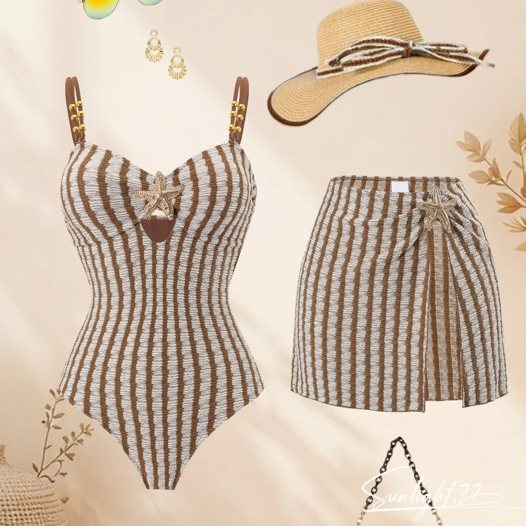 Maiô feminino listrado marrom elegante, estilo boêmio e sensual + saia curta de praia, roupa de banho para férias na pra — imagem 1