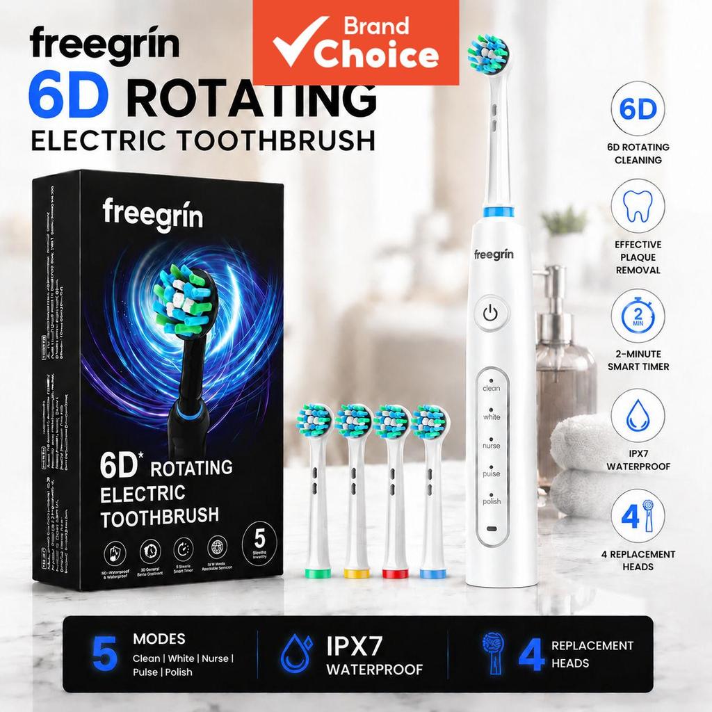 Escova de dentes elétrica giratória Freegrin 6D com 5 modos, à prova d'água IP67, recarregável via USB-C, timer de 2
