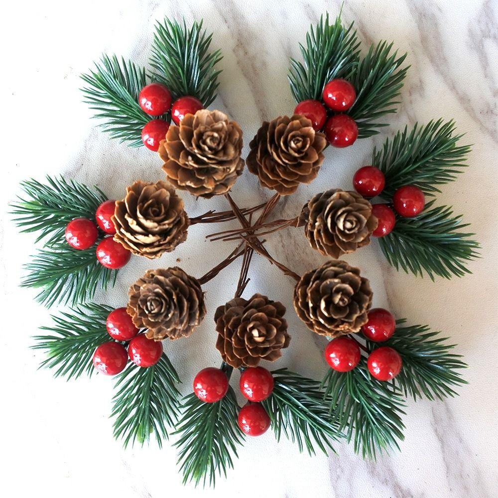 10 Peças De Enfeite De Natal, Decoração Floral Artificial De Baga Vermelha, Pinha,Decoração DIY de Natal