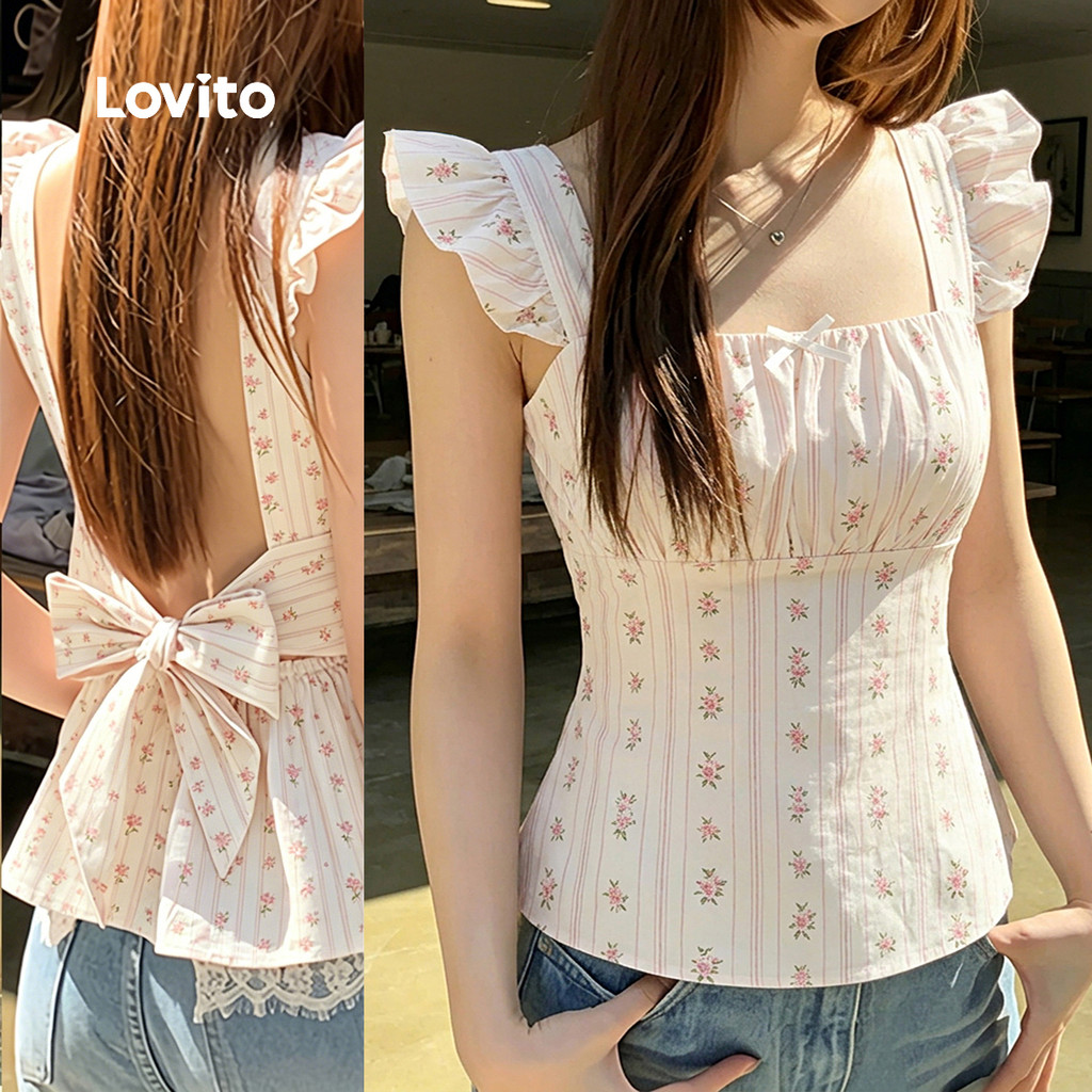 Lovito Padrão Casual de Blusa Babado para Blusa Feminina Primavera/Verão L200AD023