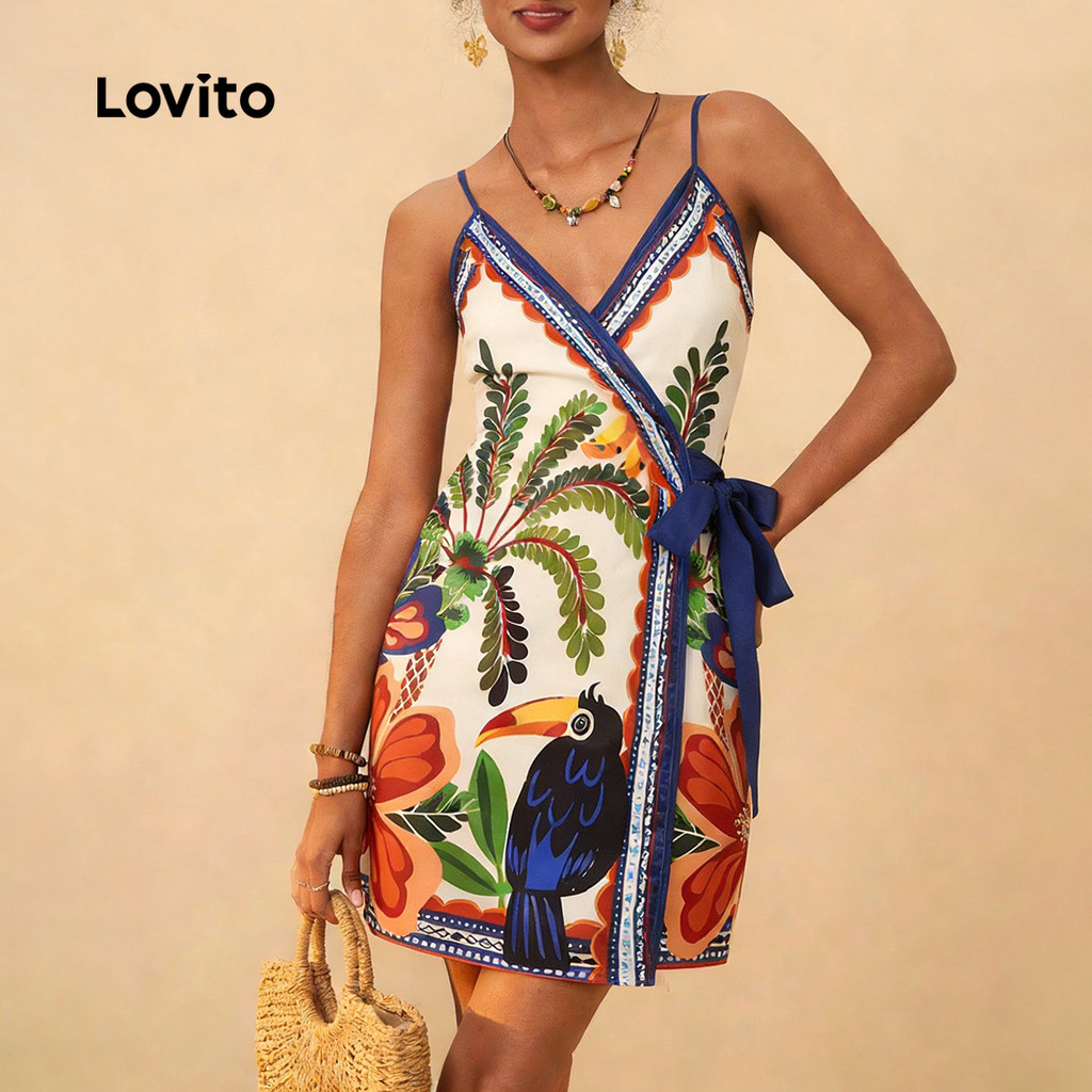 Lovito Férias Vestido com Cinto Praia Floral Curto Primavera/verão para Mulheres LBL32241 · foto 2