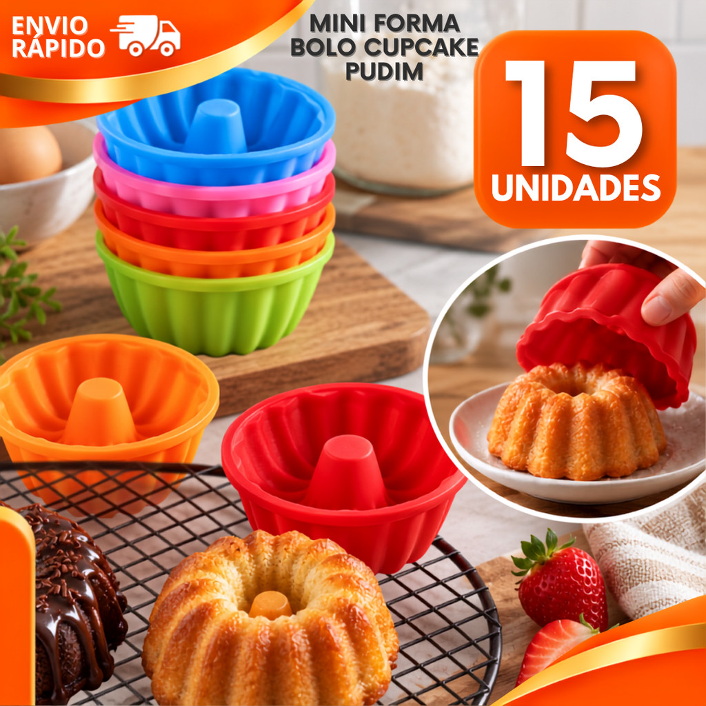 Kit 15/9/3 Mini Forminhas Furo Central Cupcake Bolo Pudim Quiche Silicone Vulcão Antiaderente Forno e Airfryer Não Gruda