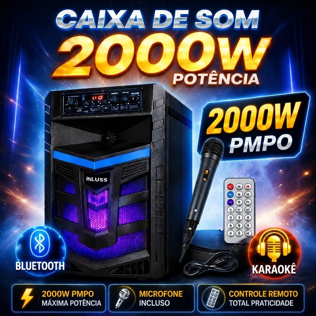 CAIXA DE SOM 2000W COM MICROFONE E CONTROLE REMOTO - FUNÇÕES KARAOKE E BLUETOOTH