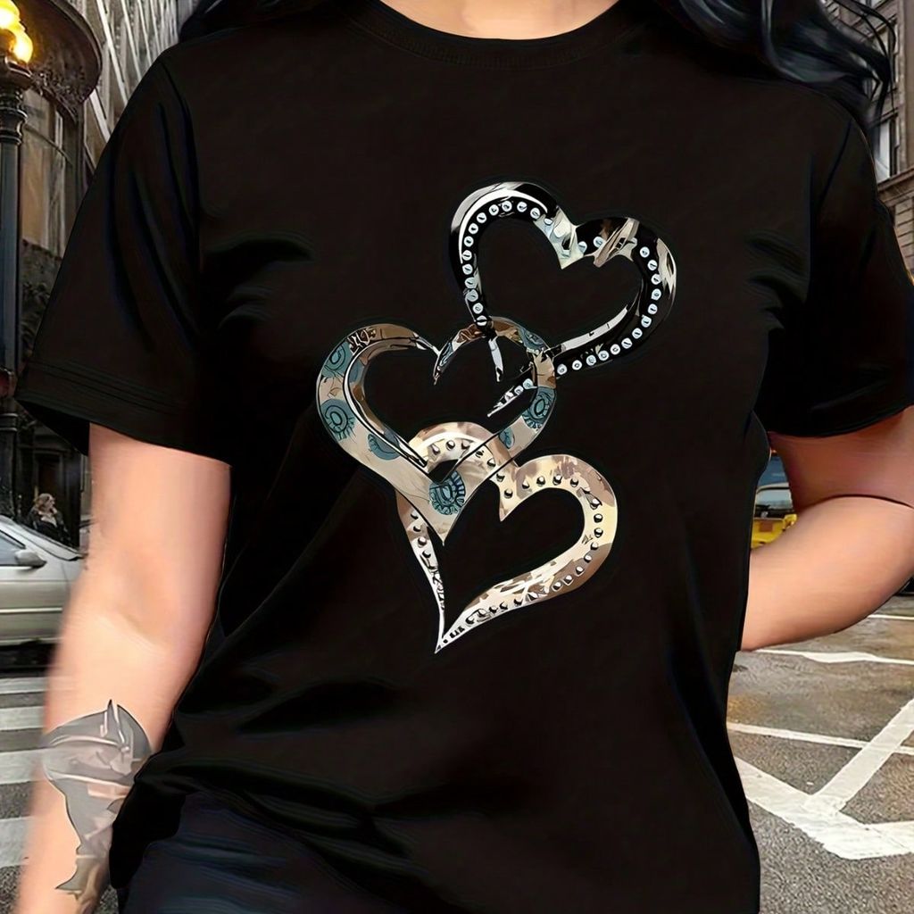 Camiseta Feminina Corações Prateado e Dourado Camisa Estampa Estilo Metálico Casual Manga Curta e Gola Redonda Algodão