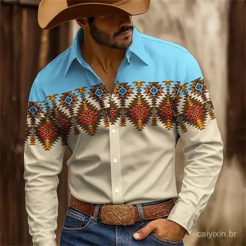Nova camisa masculina com estampa 3D em alta definição, estilo cowboy, design moderno e casual, alta qualidade, tecido c