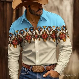 Nova camisa masculina com estampa 3D em alta definição, estilo cowboy, design moderno e casual, alta qualidade, tecido c